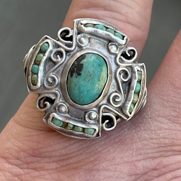 Vintage Sterling Silver Turquoise Ring Handmade Intricate Design Size 8 Boho Ch - Picture 7 of 11
